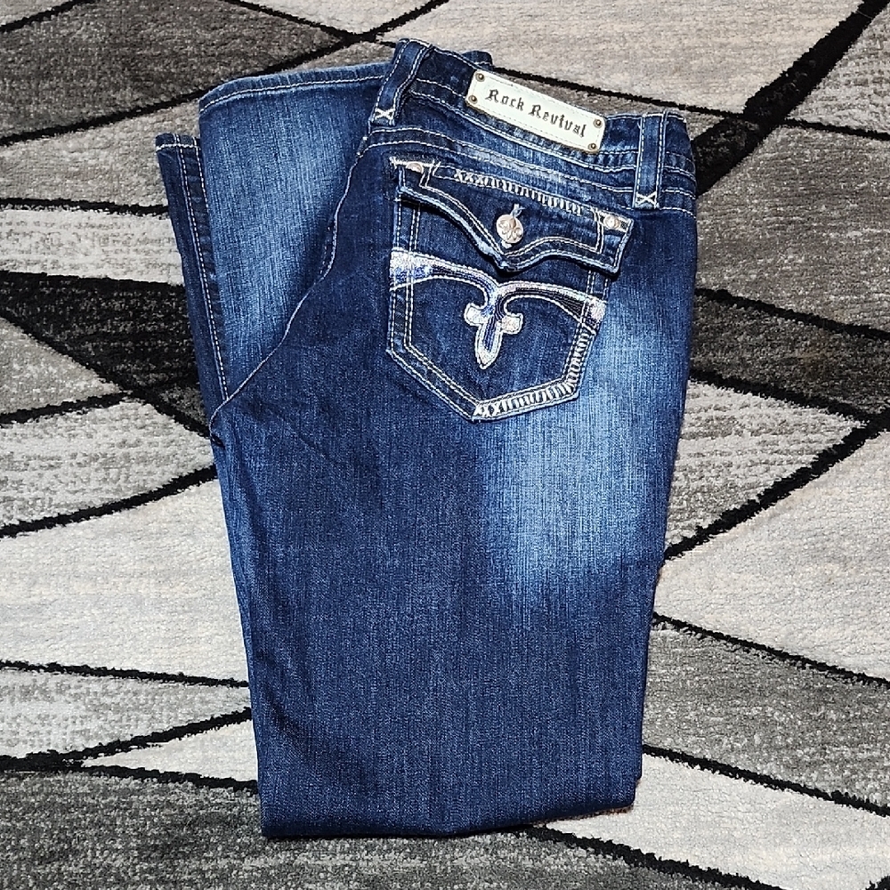 ROCK REVIVAL CELINE EMBROIDERED IRIDESCENT FLEUR-DE-LIS EASY BOOT DENIM JEAN